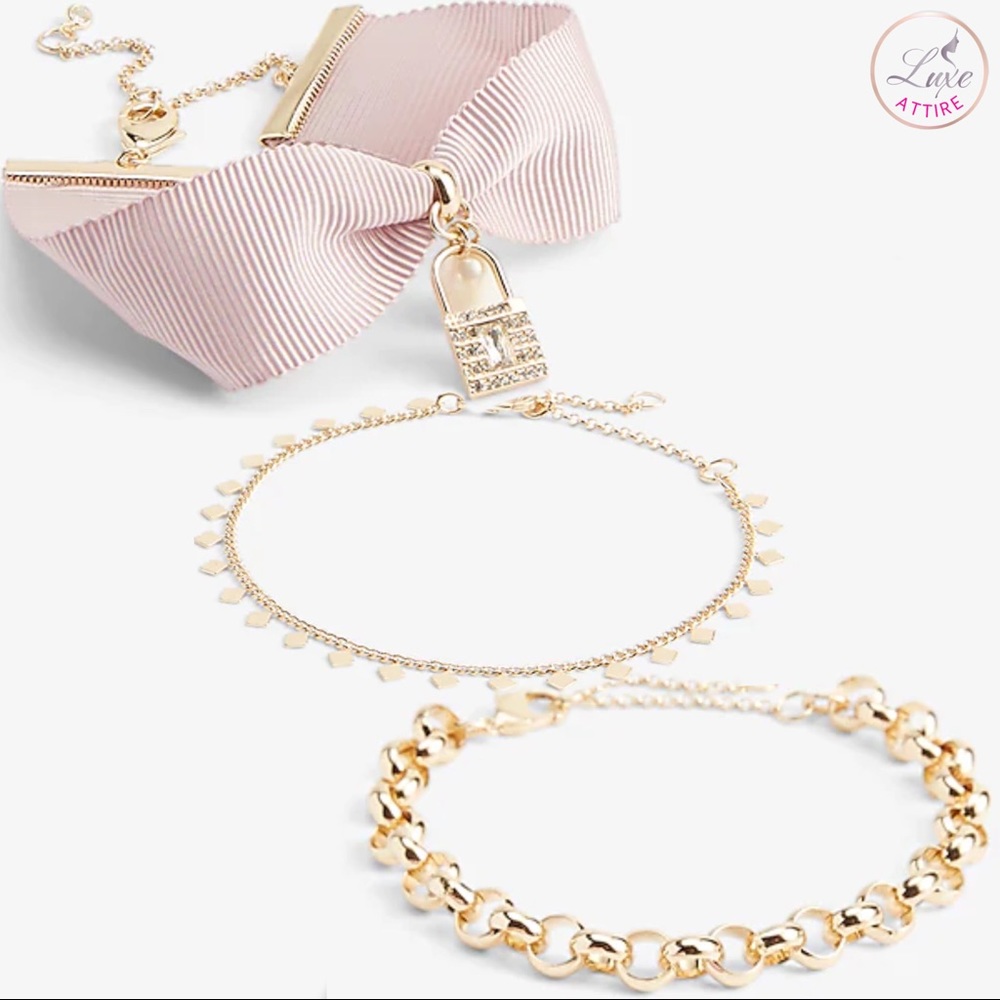 Express Set of 3 Bracelets Chain & Ribbon Lock Charm 3 Pieces Pink Gold